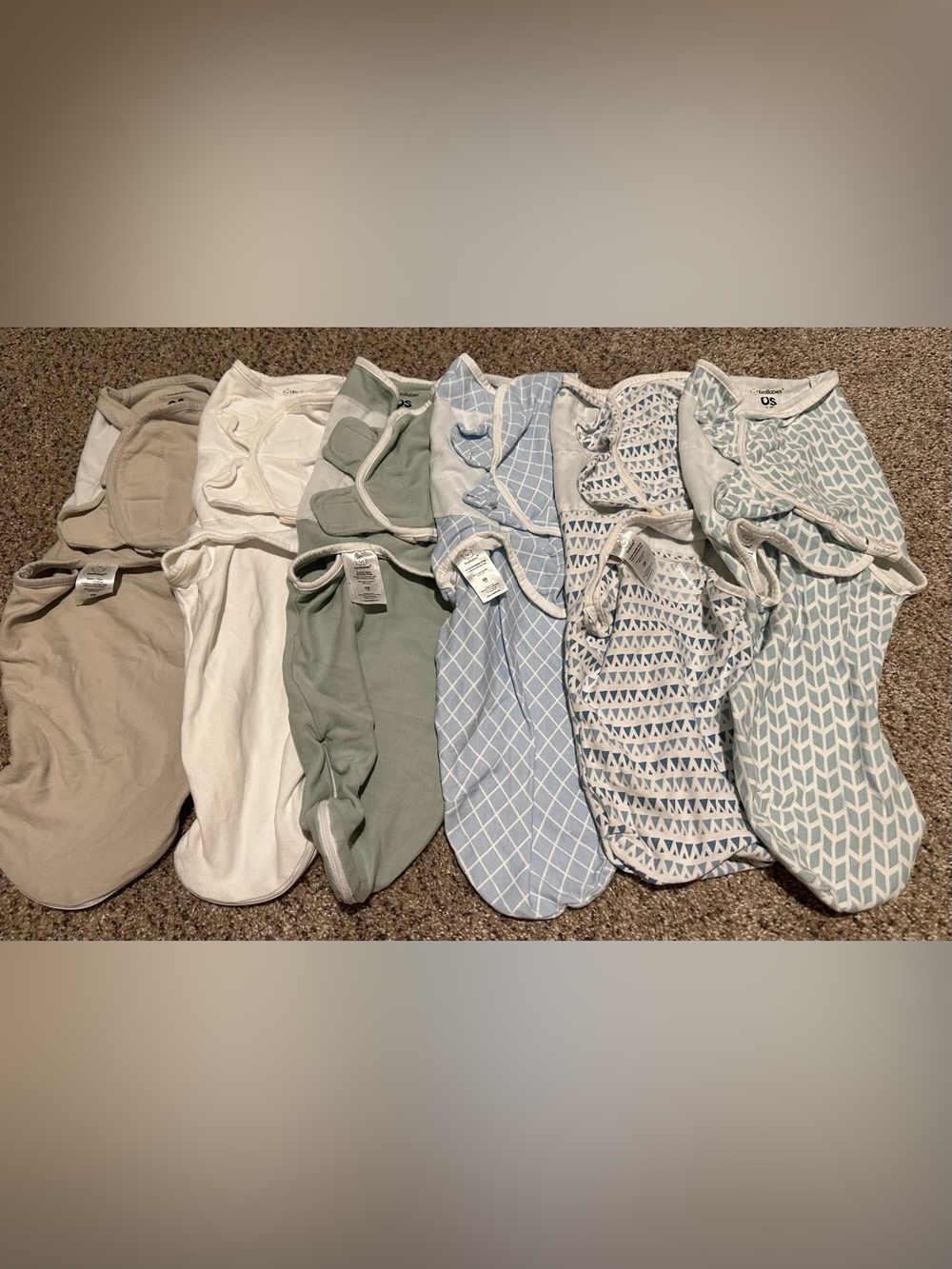 KeaBabies Swaddle Lot (6)- Blue Grid, Blue Triangle & Sage Green Sleep Sacks